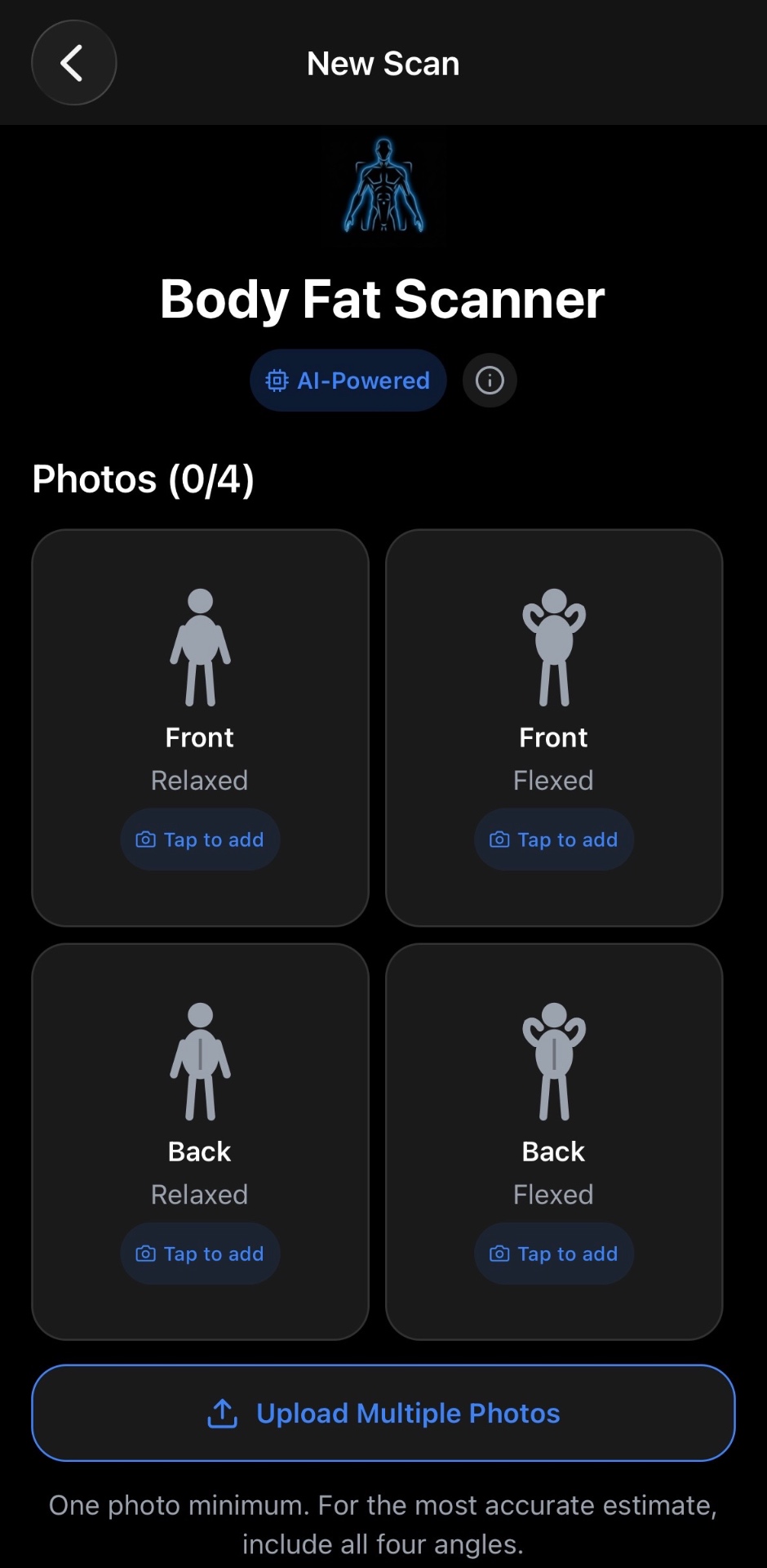Body Fat Scanner photo slots for front relaxed, front flexed, back relaxed, and back flexed views.