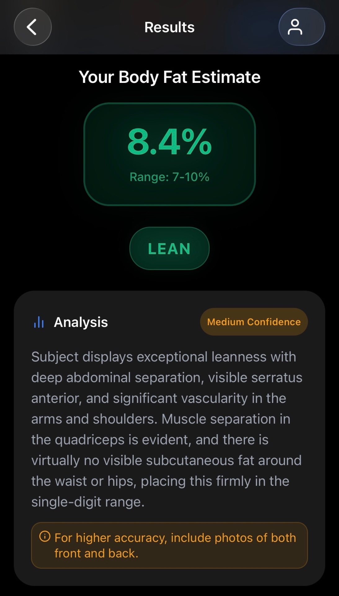 Example body fat estimate of 8.4%, a 7–10% range, and written analysis.